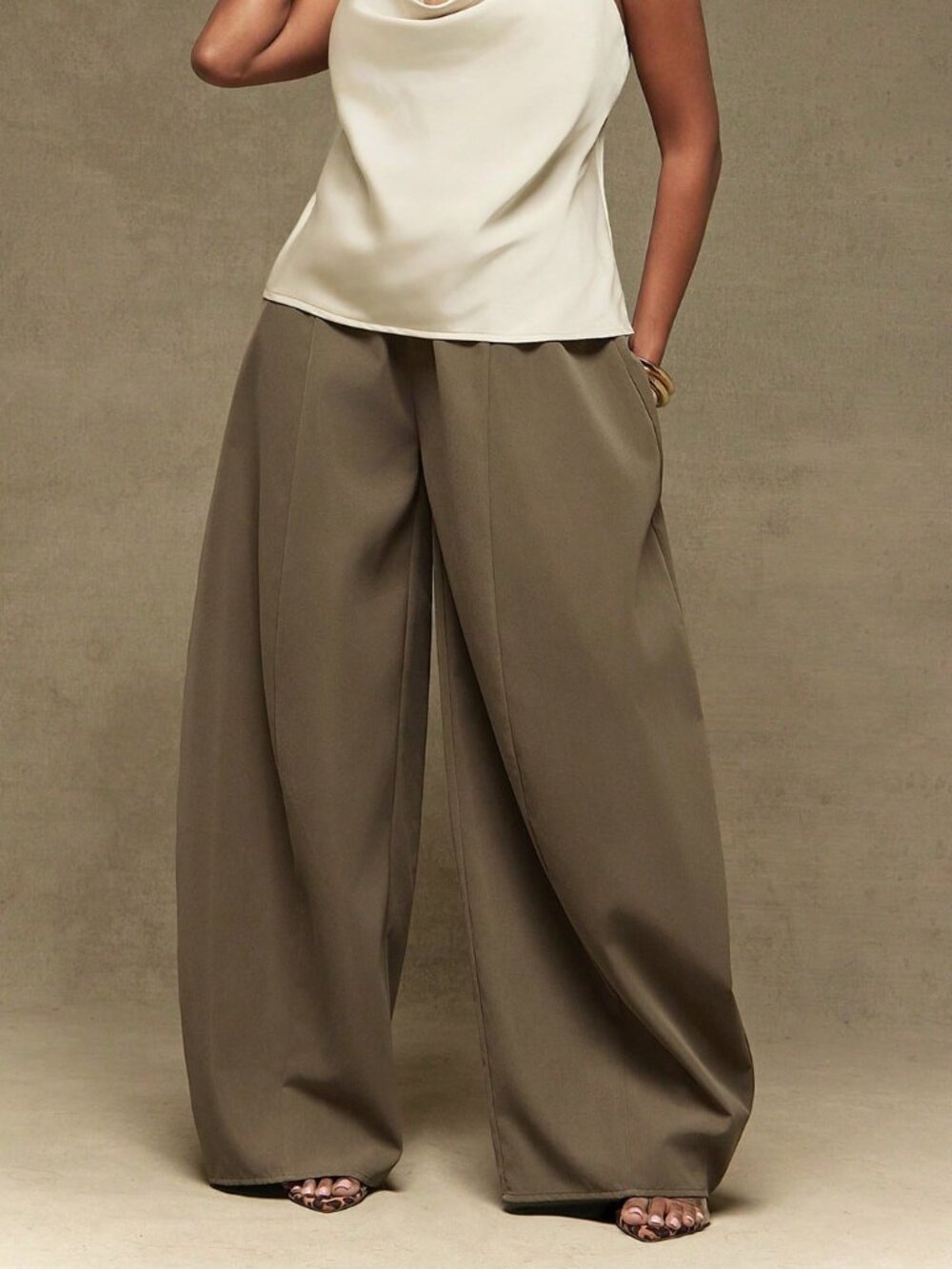 Grey Elegant Women's Suiting High Waist Barrel Leg Pants